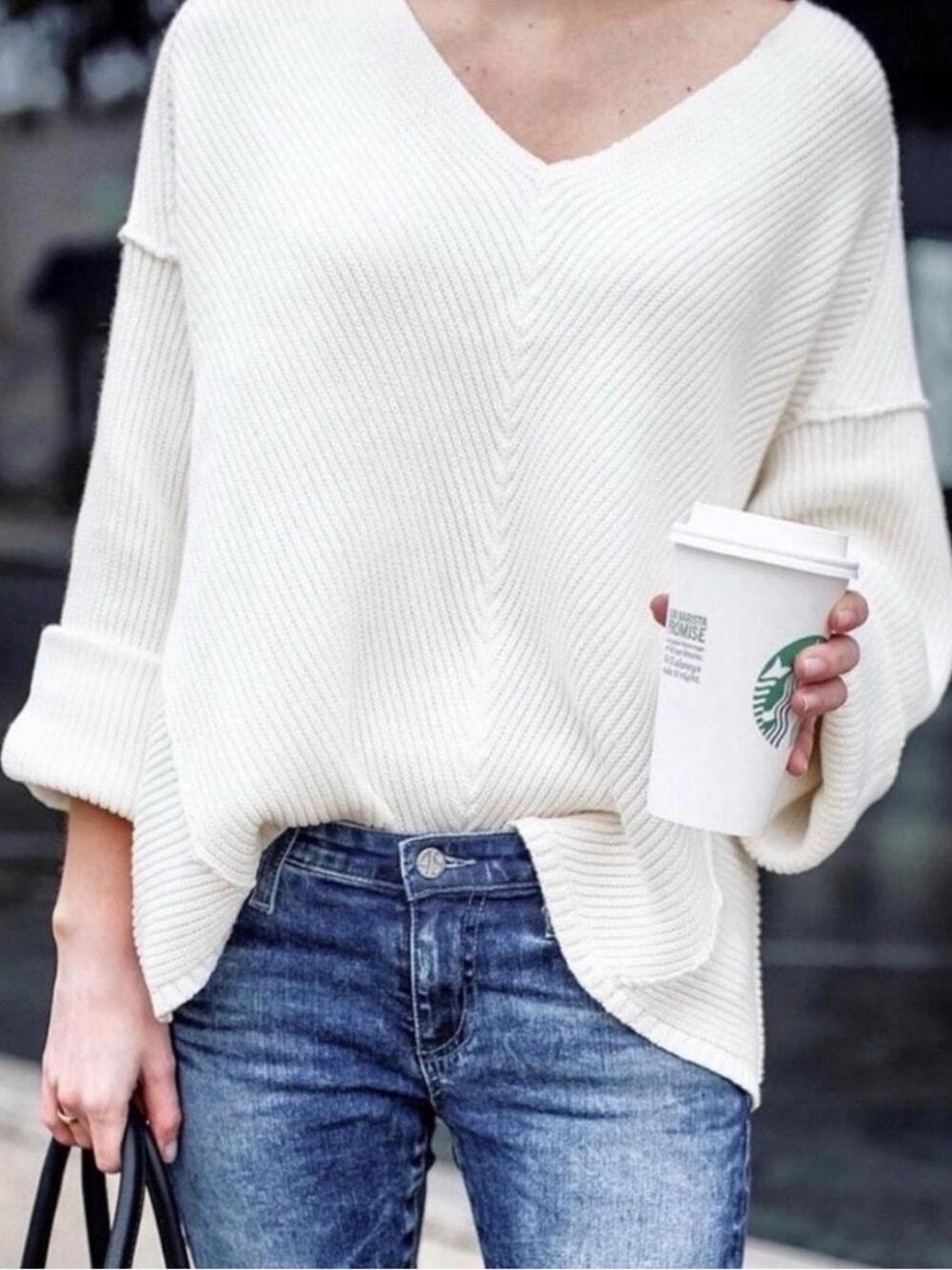 Free People La Brea Sweater Womens Medium Ivory Ribbed Knit Oversized Relaxed